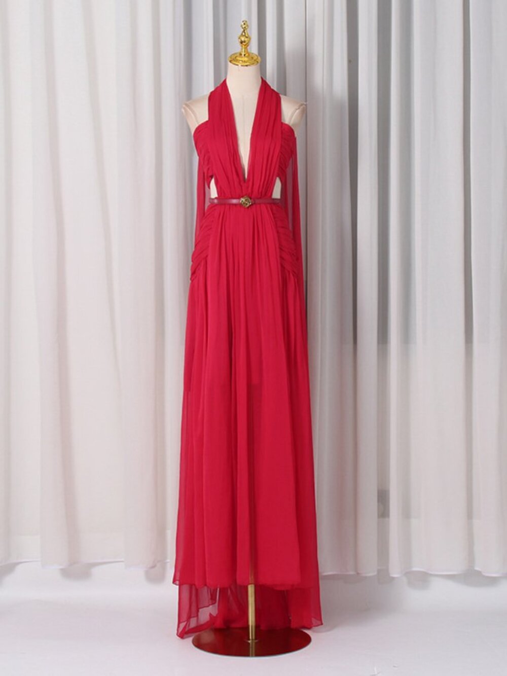 Elegant Red Plunging Halter Evening Gown - Cape Sleeve Formal Dress